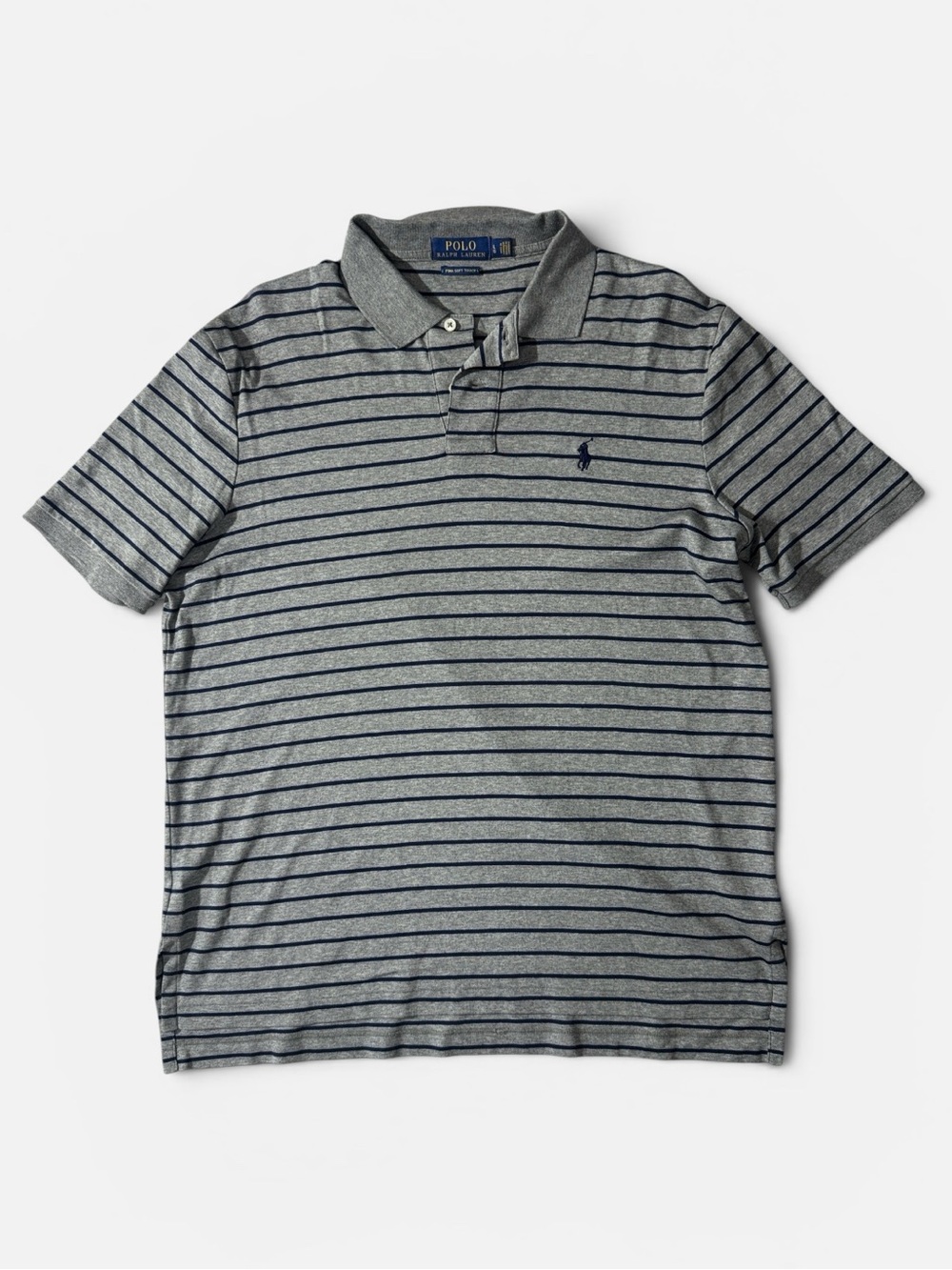 Polo Ralph Lauren mens L Large gray stripe Pima soft cotton knit polo shirt EUC